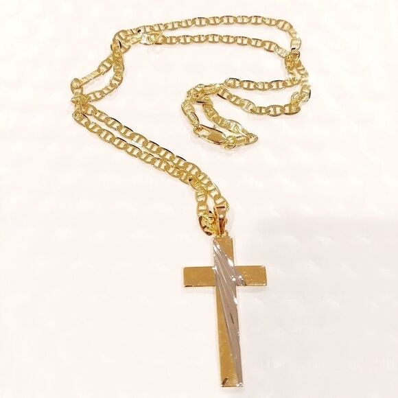 Men's 18k Gold Plated Chain w/Cross  pendant - Picture 2 of 4
